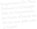 Ringraziamo il Dr. Piero Ambroset e il Consiglio della 3a Circoscrizione per l’invito all’evento dei 80 più anni della radio a Trieste!