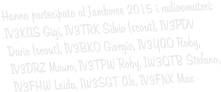 Hanno partecipato al Jamboree 2015 i radioamatori:IV3KAS Gigi, IV3TRK Silvio (scout), IV3PDV Dario (scout), IV3BKO Giorgio, IV3YAO Roby, IV3DRZ Mauro, IV3TPW Roby, IW3QTB Stefano, IV3FHW Leida, IW3SGT Ale, IV3FNX Max